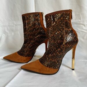 BALMAIN Brown Suede and Snakeskin Leather Ankle Zip Heeled Boots 38.5 - 8US